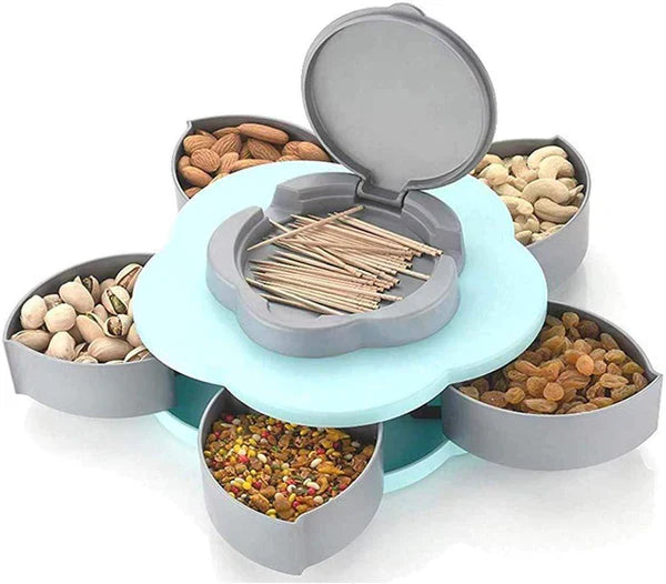 5 COMPARTMENTS FLOWER CANDY BOX SERVING ROTATING TRAY DRY FRUIT 1 PIECE SPICE SET (PLASTIC, GREEN)